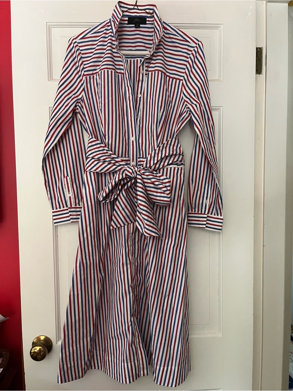J. Crew Red, White & Blue Striped Tie-Waist Shirt Midi Dress